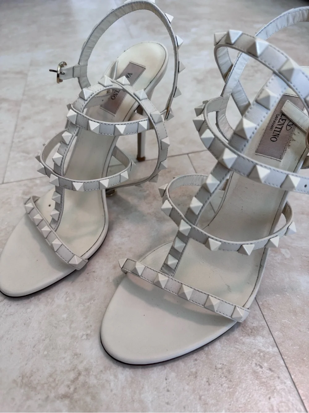 Valentino White Pyramid Rockstud Strappy Heels